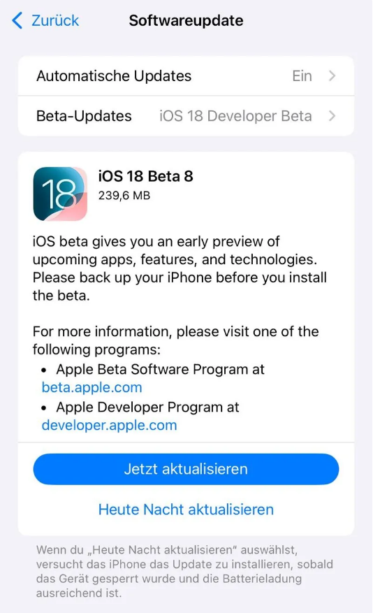 彭场镇苹果手机维修分享苹果 iOS / iPadOS 18 开发者预览版 Beta 8 发布 